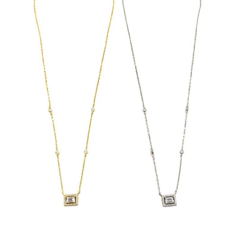 Ashley Gold Sterling Silver Emerald Cut Halo With CZ's By The Yard Necklace