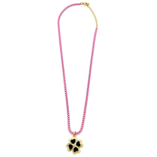Ashley Gold Stainless Steel Pink Enamel Plated Box Link Chain With Clover Charm Necklace