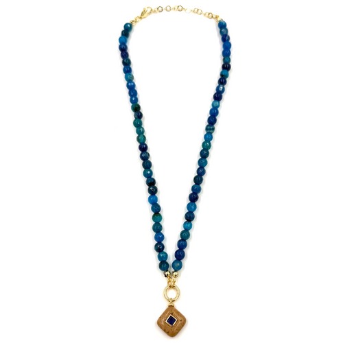 Ashley Gold Stainless Steel Gold Plated Blue Beaded Necklace With Square Enamel Charm Necklace