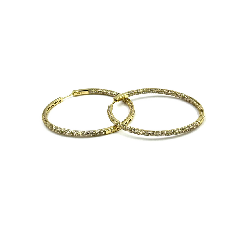 Ashley Gold Sterling Silver Gold Plated 2" Encrusted CZ's Inside/Outside Hoop Earrings