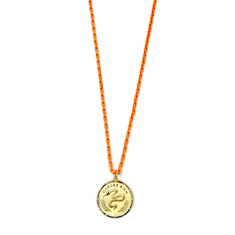 Ashley Gold Stainless Steel Gold Plated Large Disc Pendant With Orange Enamel Link Necklace
