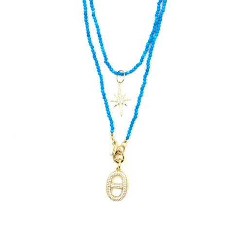 Ashley Gold Stainless Steel Gold Plated Turquoise Beaded Design 2 Sterling Silver Charm Necklace