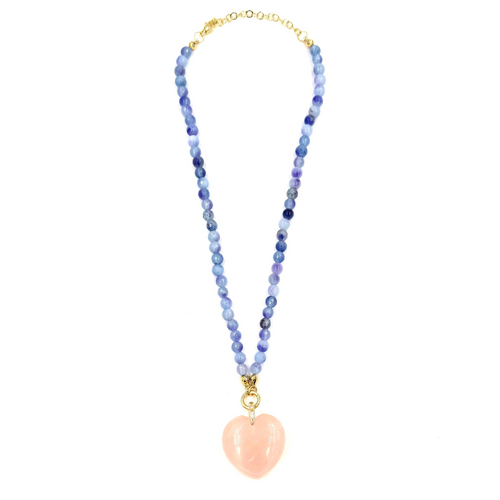 Ashley Gold Stainless Steel Gold Plated Purple Beaded With Large Pink Heart Semi Precious Stone Charm Necklace