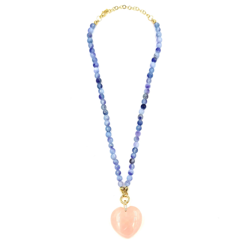 Ashley Gold Stainless Steel Gold Plated Purple Beaded With Large Pink Heart Semi Precious Stone Charm Necklace