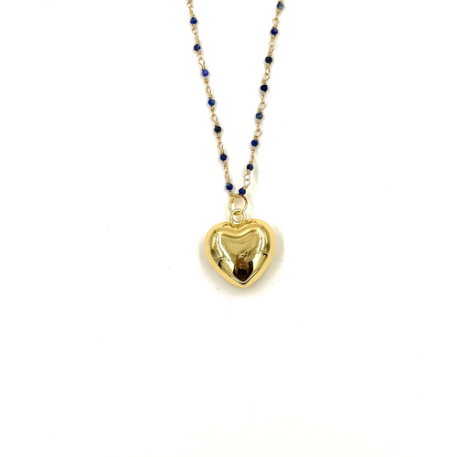 Ashley Gold Stainless Steel Gold Plated Gold Wired Blue Semi Precious Stone Heart Puff Pendant Necklace