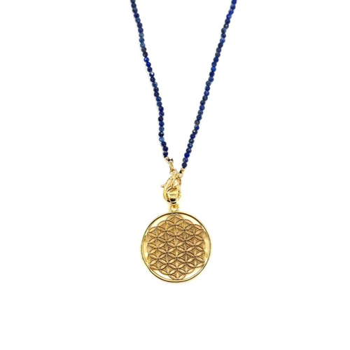 Ashley Gold Stainless Steel Gold Semi Precious Blue Beaded Necklace With Lace Design Charm Necklace