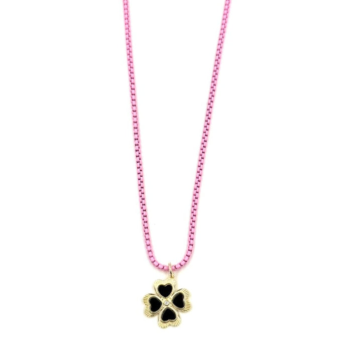 Ashley Gold Stainless Steel Pink Enamel Plated Box Link Chain With Clover Charm Necklace