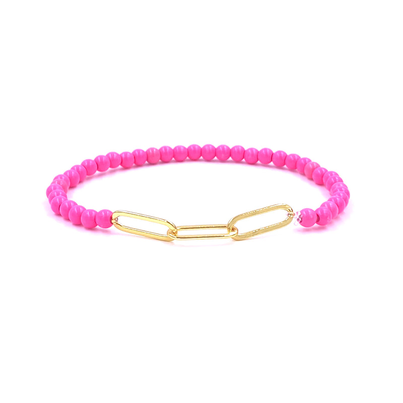 Ashley Gold Stainless Steel Gold Plated Pink Enamel Link Chain Stretch Beaded Bracelet