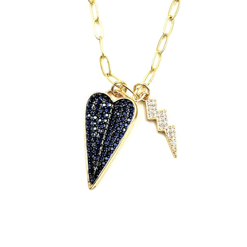 Ashley Gold Stainless Steel Gold Plated CZ  Heart And Lightning Bolt Charm Necklace