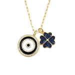 Ashley Gold Stainless Steel Gold Plated CZ And Enamel Evil Eye and 4 Leaf Clover Charm Necklace