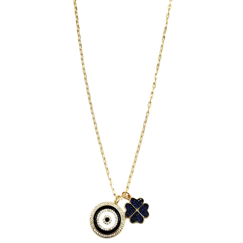 Ashley Gold Stainless Steel Gold Plated CZ And Enamel Evil Eye and 4 Leaf Clover Charm Necklace