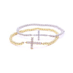 Ashley Gold Stainless Steel CZ Cross Stretch Beaded Bracelet