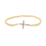 Ashley Gold Stainless Steel CZ Cross Stretch Beaded Bracelet