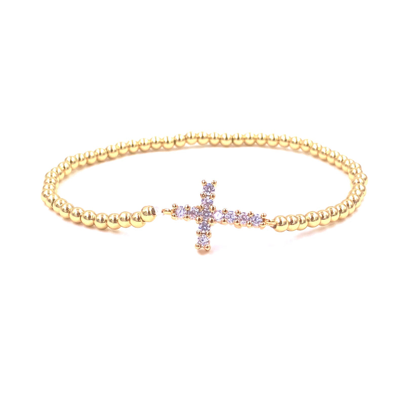 Ashley Gold Stainless Steel CZ Cross Stretch Beaded Bracelet