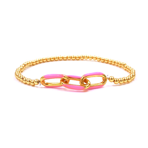 Ashley Gold Stainless Steel Gold Plated 3mm Enamel Link Chain Beaded Stretch Bracelet