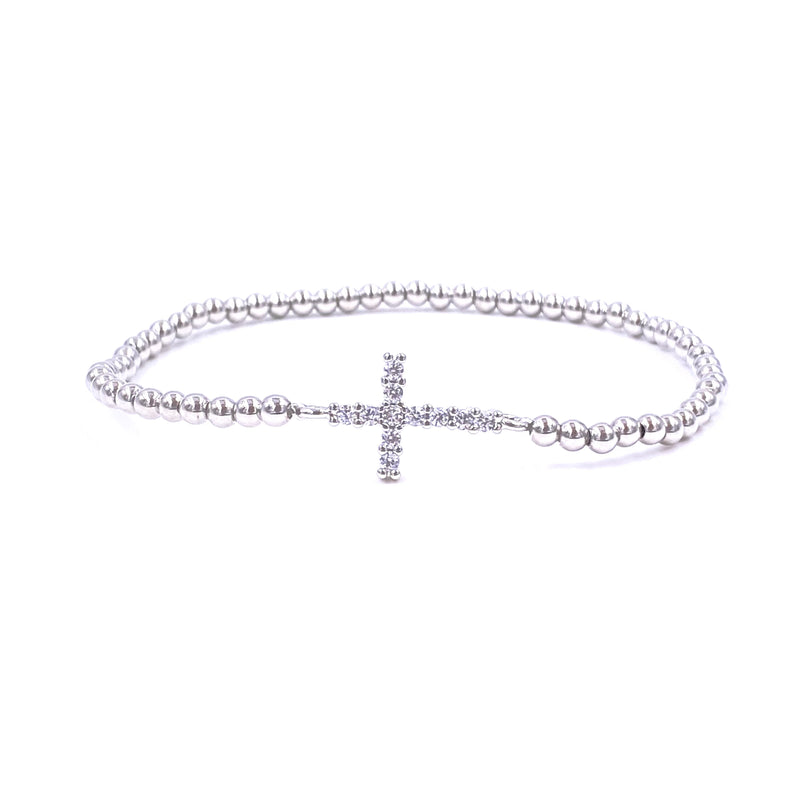 Ashley Gold Stainless Steel CZ Cross Stretch Beaded Bracelet