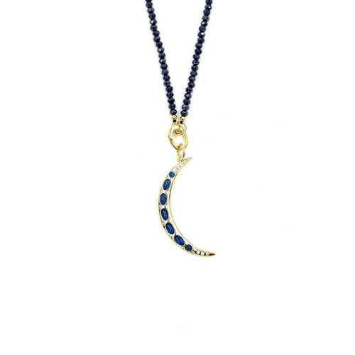 Ashley Gold Stainless Steel Gold Plated Lapis Beaded Sterling Silver Moon Pendant Drop Necklace