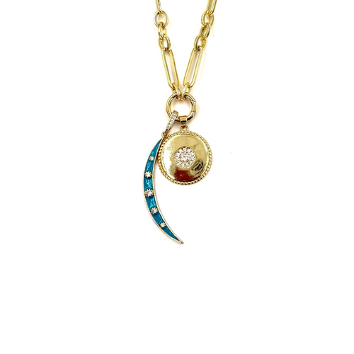 Ashley Gold Stainless Steel Gold Plated Chain Link With Moon CZ And Circle Design Pendant Necklace