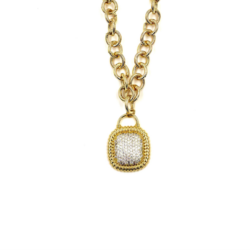 Ashley Gold Stainless Steel Gold Plated Link Square Center CZ Pendant Necklace