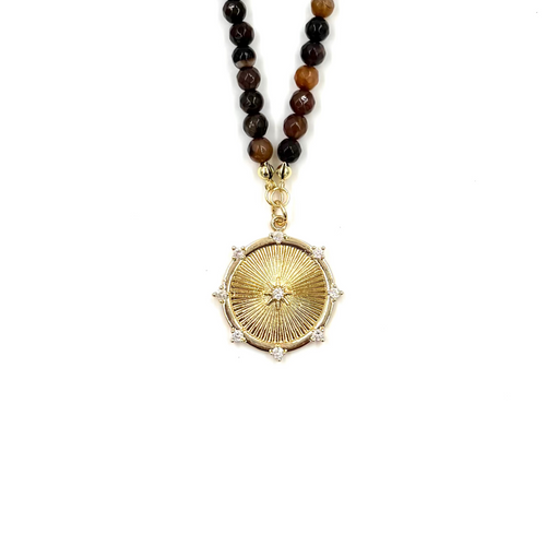Ashley Gold Stainless Steel Gold Plated Brown Semi Precious Beaded Disc CZ Pendant Necklace