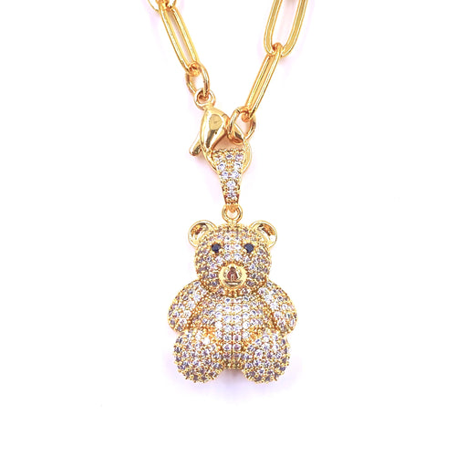 Ashley Gold Stainless Steel Gold plated CZ Teddy Bear Charm Necklace