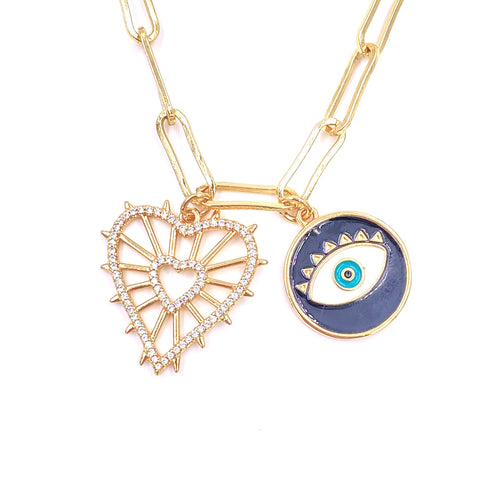 Ashley Gold Stainless Steel Gold Plated CZ Heart And Evil Eye Double Charm Necklace
