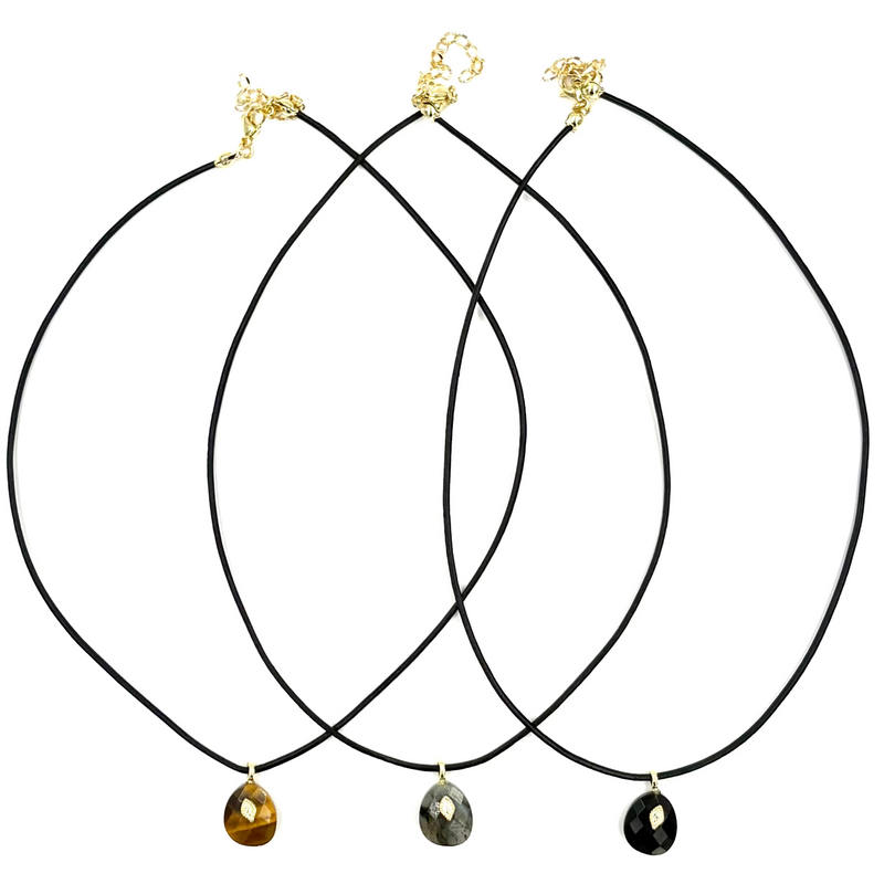 Ashley Gold Stainless Steel Gold Plated Leather Rope Enamel Oval Drop Pendant With CZ Stone Necklace