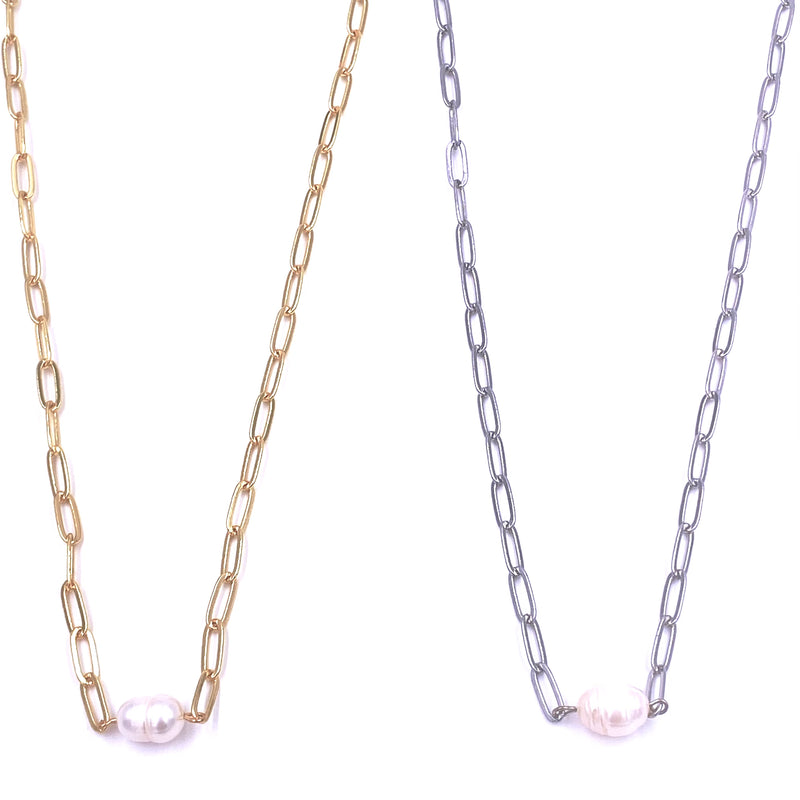 Ashley Gold Stainless Steel Single Pearl Design Link Chain Necklace