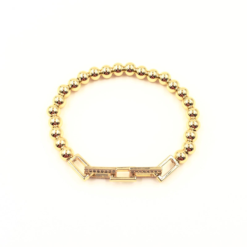 Ashley Gold Stainless Steel Gold Plated 2 CZ Encrusted Square Link Chain Stretch Beaded Bracelet