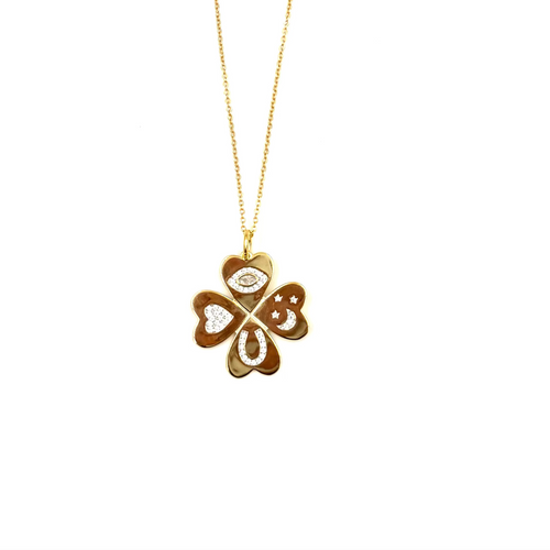 Ashley Gold Sterling Silver Gold Plated CZ Lucky Clover Drop Pendant Necklace