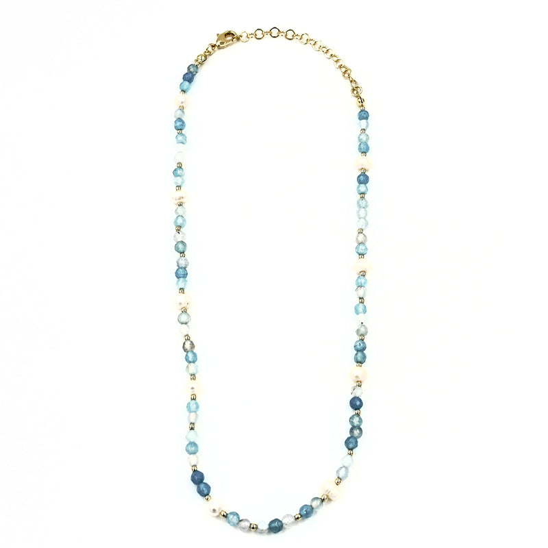 Ashley Gold Stainless Steel Gold Plated Fresh Water Pearls And Semi Precious Aqua Blue Bead Beaded Necklace