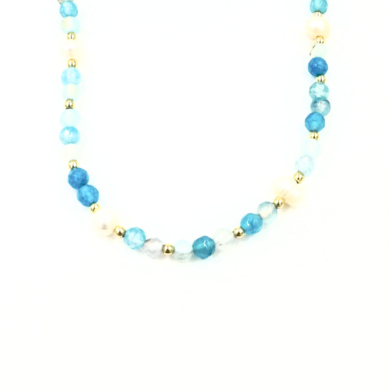 Ashley Gold Stainless Steel Gold Plated Fresh Water Pearls And Semi Precious Aqua Blue Bead Beaded Necklace