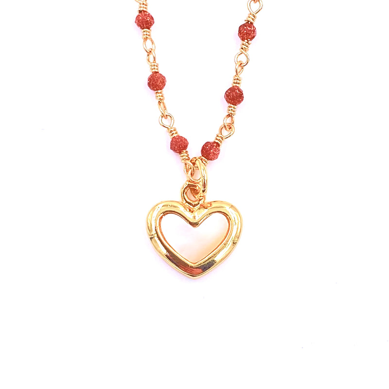 Ashley Gold Stainless Steel Gold Plated Semi Precious Red Beads With White Enamel Heart Pendant Necklace