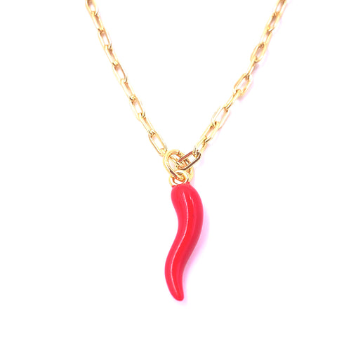 Ashley Gold Stainless Steel Gold Plated Red Enamel Horn Charm Necklace
