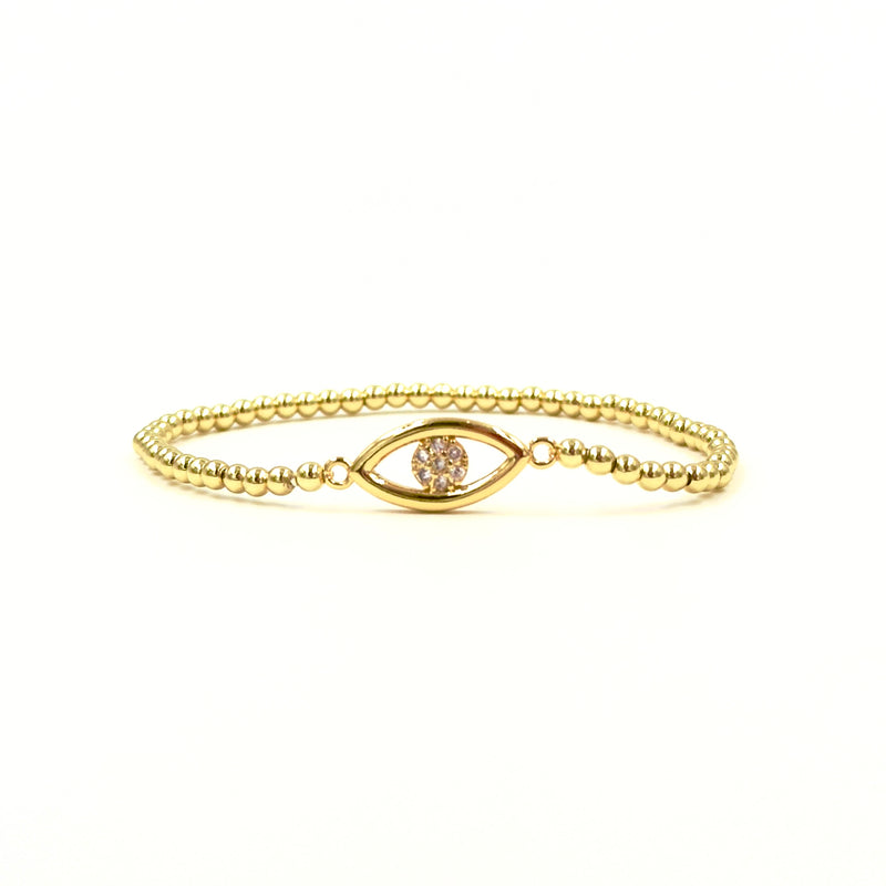 Ashley Gold Stainless Steel Gold Plated Evil Eye With CZ Center Stretch Beaded Bracelet