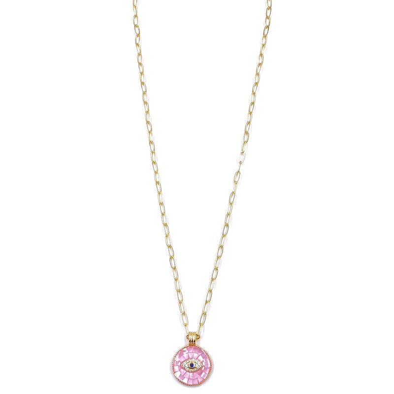 Ashley Gold Stainless Steel Gold Plated Pink Opal Disc Evil Eye Necklace