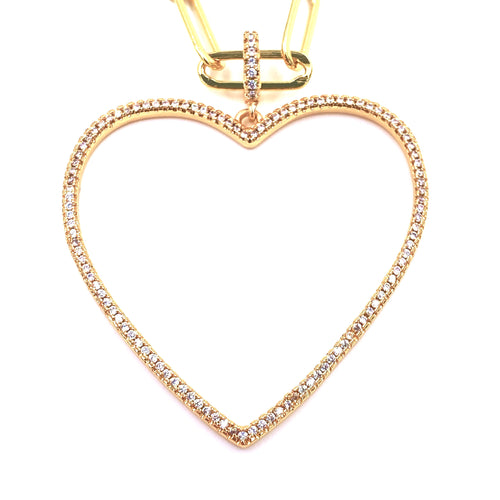 Ashley Gold Stainless Steel Gold Plated Large CZ Hollow Heart Necklace