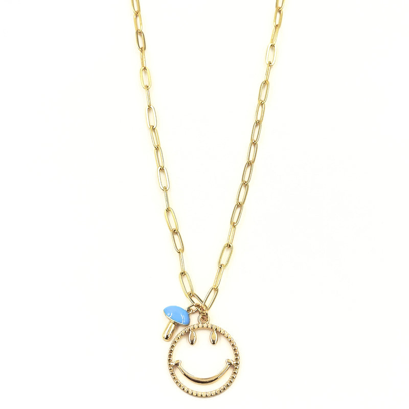 Ashley Gold Stainless Steel Gold Plated Enamel Mushroom And Large Smily Face Pendant Necklace