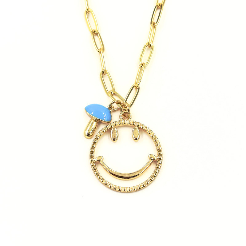 Ashley Gold Stainless Steel Gold Plated Enamel Mushroom And Large Smily Face Pendant Necklace