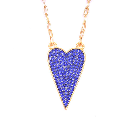 Ashley Gold Stainless Steel Gold Plated Blue CZ Encrusted Heart Pendent Necklace