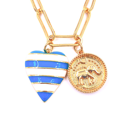 Ashley Gold Stainless Steel Gold Plated Enamel Blue And White Striped Heart And Elephant Coin Charm Necklace