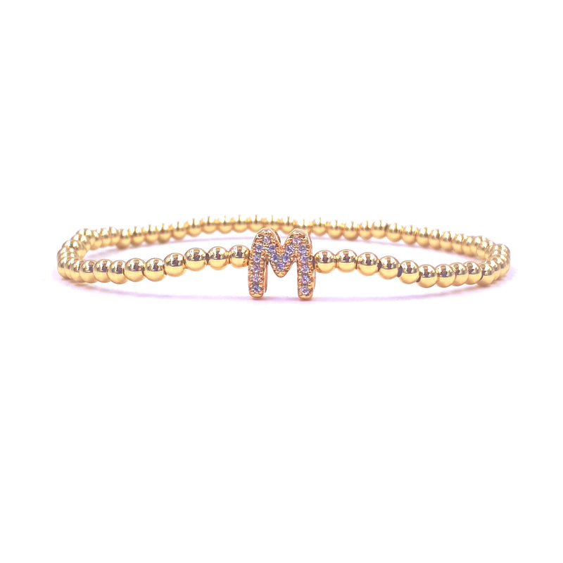 Ashley Gold Stainless Steel Gold Plated Center CZ Initial Bead Stretch Beaded Bracelet