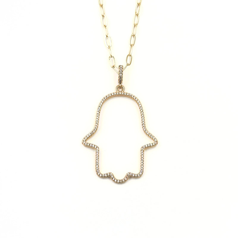 Ashley Gold Stainless Steel Gold Plated Open CZ Hamsa Hand Pendant Long Necklace