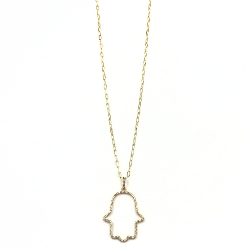 Ashley Gold Stainless Steel Gold Plated Open CZ Hamsa Hand Pendant Long Necklace