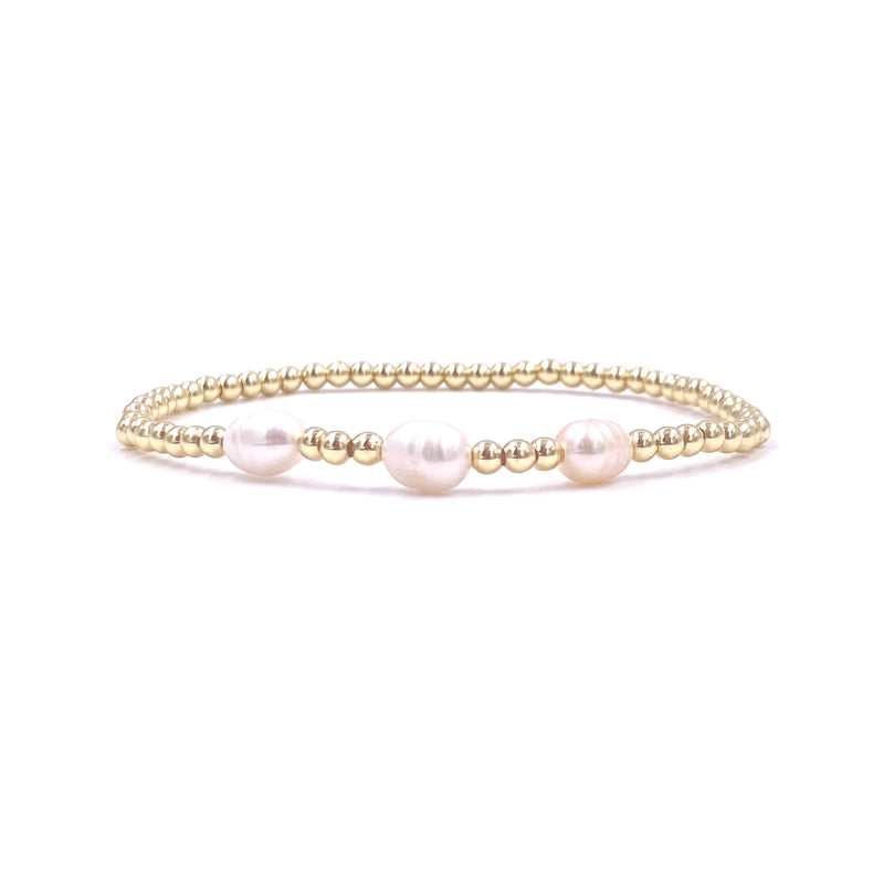 Ashley Gold Stainless Steel Gold Plated 3 Fresh Water Pearl Beaded Stretch Bracelet