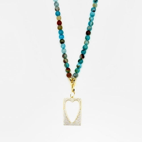 Ashley Gold Stainless Steel Gold Plated Semi Precious Blue Beaded Design CZ Heart Drop Necklace