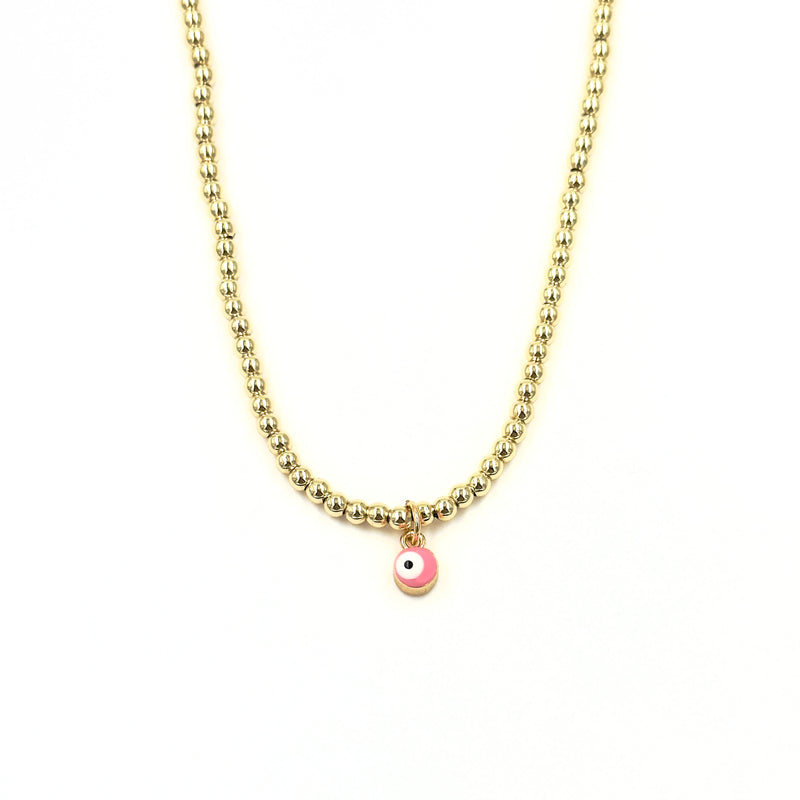 Ashley Gold Stainless Steel Gold Plated Pink Enamel Evil Eye Charm Beaded Necklace