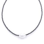 Ashley Gold Stainless Steel Gold Plated Black Semi Precious 2MM Beaded Center Fresh Water Pearl Necklace