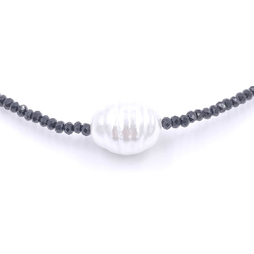 Ashley Gold Stainless Steel Gold Plated Black Semi Precious 2MM Beaded Center Fresh Water Pearl Necklace