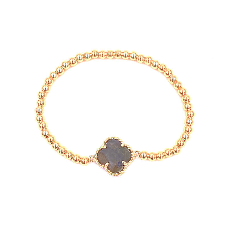 Ashley Gold Stainless Steel Gold Plated Center Semi Precious Clover Ball Beaded Stretch Bracelet
